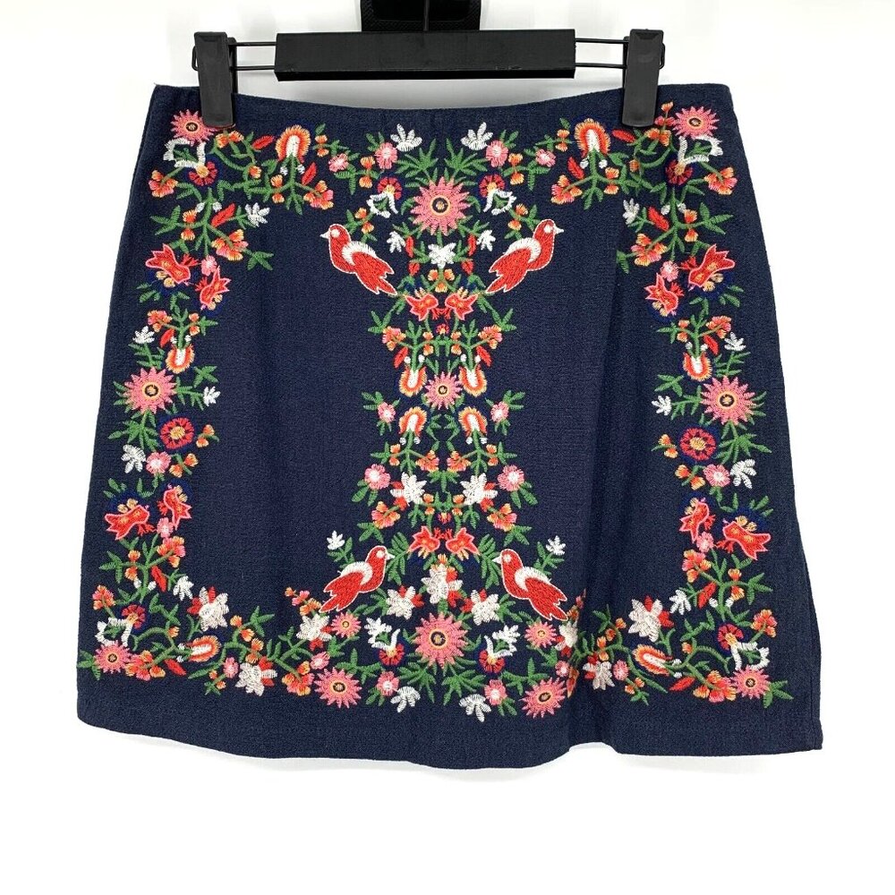 Umgee Skirt Navy Blue Embroidered Floral Bird Mini Boho - Picture 2 of 11